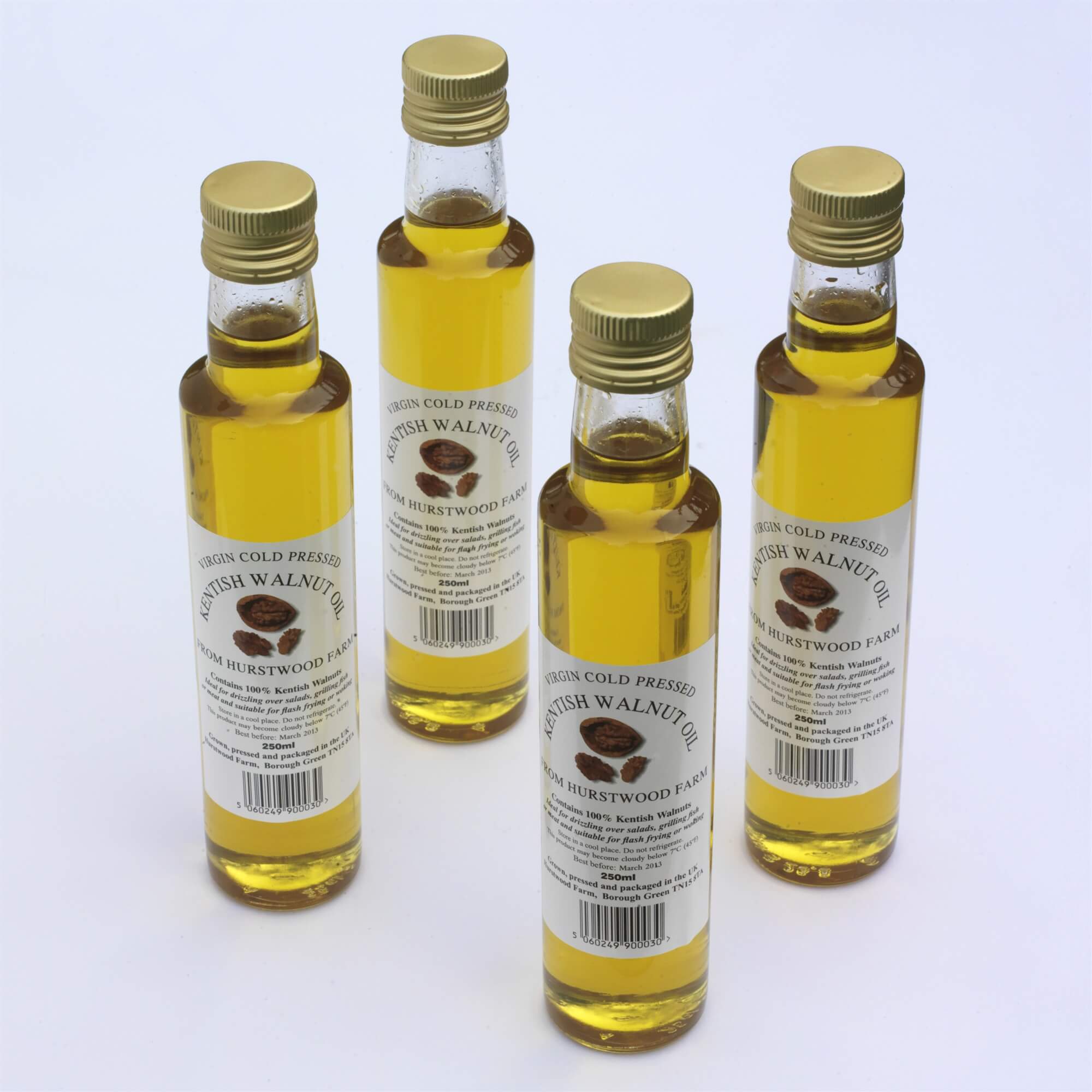 Virgin Cold Pressed Kentish Walnut Oil - It is an ideal alternative to the Kentish Cobnut oil and is good for drizzling over salads, grilling fish or meat and suitable for flash frying or woking.
